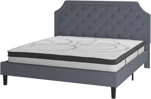 Brighton King Size Tufted Upholstered Platform Bed in Light Gray Fabric with 10 Inch CertiPUR-US Certified Pocket Spring Mattress
