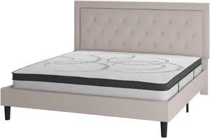 Roxbury King Size Tufted Upholstered Platform Bed in Beige Fabric with 10 Inch CertiPUR-US Certified Pocket Spring Mattress