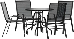 5 Piece Outdoor Patio Dining Set - 31.5" Round Tempered Glass Patio Table, 4 Black Flex Comfort Stack Chairs 5 Piece Outdoor Patio Dining Set - 31.5" Round Tempered Glass Patio Table, 4 Black Flex Comfort Stack Chairs