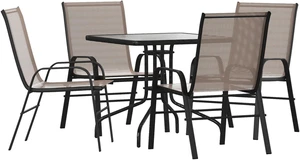 5 Piece Patio Dining Set - 31.5" Square Table, 4 Brown Flex Comfort Stack Chairs 5 Piece Patio Dining Set - 31.5" Square Table, 4 Brown Flex Comfort Stack Chairs