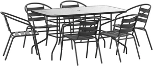 7 Piece Outdoor Patio Dining Set - 55" Tempered Glass Patio Table with Umbrella Hole, 6 Black Metal Aluminum Slat Stack Chairs 7 Piece Outdoor Patio Dining Set - 55" Tempered Glass Patio Table with Umbrella Hole, 6 Black Metal Aluminum Slat Stack Chairs