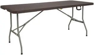 6-Foot Bi-Fold Brown Rattan Plastic Folding Table