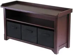 Winsome 94201 Verona Storage Bench with 3 Foldable Fabric Baskets - Walnut and Black