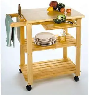 Winsome 89933 Kitchen Cart with Cutting Board Knife Block and Shelves- Beech