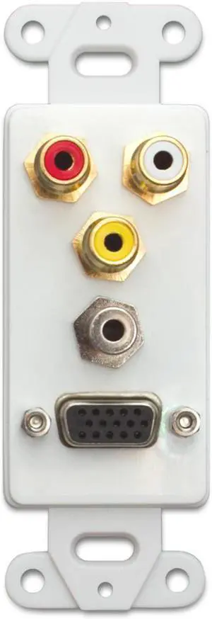 Cable Wholesale Decora Wall Plate Insert White With 1 VGA 3.5MM Stereo And 3 RCA (Red / White / Yellow) Female Couplers