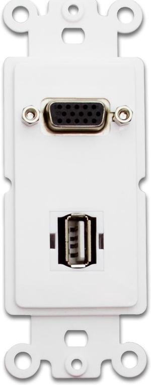 Cable Wholesale Decora Wall Plate Insert VGA Coupler And USB Type A Coupler, HD15 Female And USB Type A Female - White