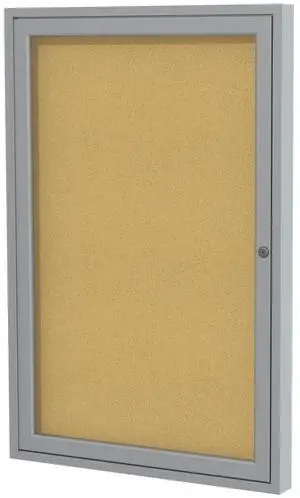 Ghent PA13636K 1 Door Enclosed Natural Cork Bulletin Board with Satin Frame - 36" x 36" - Tan Surface, Satin Aluminum Frame