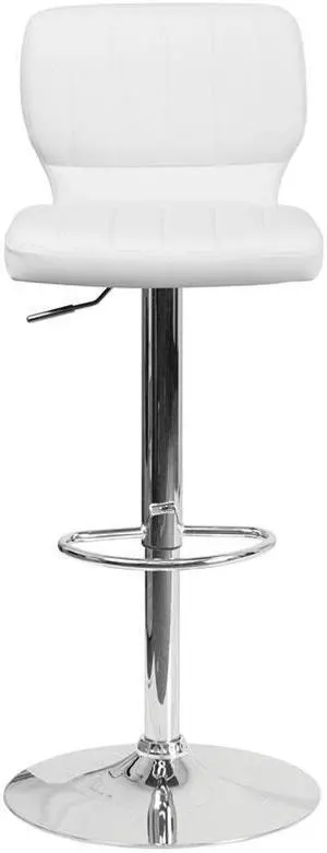 Contemporary White Vinyl Adjustable Height Barstool with Vertical Stitch Back and Chrome Base