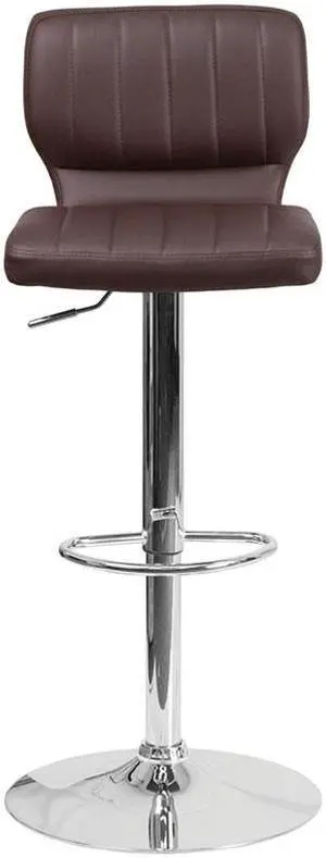 Contemporary Brown Vinyl Adjustable Height Barstool with Vertical Stitch Back and Chrome Base
