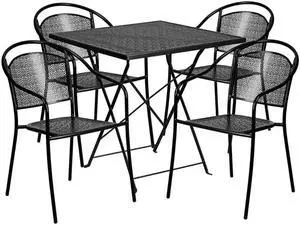 28'' Square Black Indoor-Outdoor Steel Folding Patio Table Set with 4 Round Back Chairs 28'' Square Black Indoor-Outdoor Steel Folding Patio Table Set with 4 Round Back Chairs