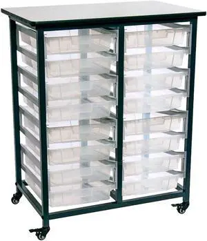 Luxor Furniture Mobile Bin Storage Unit - Double Row Casters and Locking Brakes with Small Clear Bins - Dark Gray