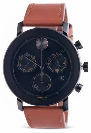 Movado Bold Evolution Black Ion Chronograph Cognac Brown Leather Mens Watch