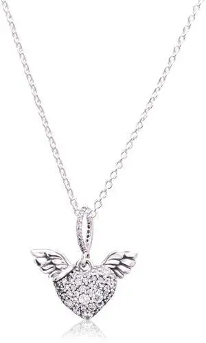 Pandora Pave Heart and Angel Wings Necklace