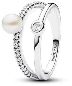 Pandora Treated Freshwater Cultured Pearl & Pave Double Band Ring