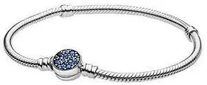 Pandora Moments Sparkling Blue Disc Clasp Snake Chain Bracelet