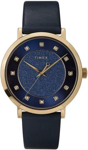 Timex Womens Celestial Opulence 38mm Gold-tone Case / Blue Glitter Dial with Crystal Markers / Blue Leath