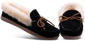 Minnetonka Womens Alpine Sheepskin Moccasin - Black Suede - Size 9