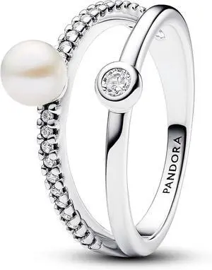 Pandora Treated Freshwater Cultured Pearl & Pave Double Band Ring