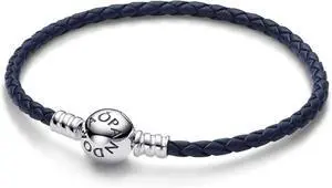 Pandora Moments Round Clasp Blue Braided Leather Bracelet Pandora Moments Round Clasp Blue Braided Leather Bracelet