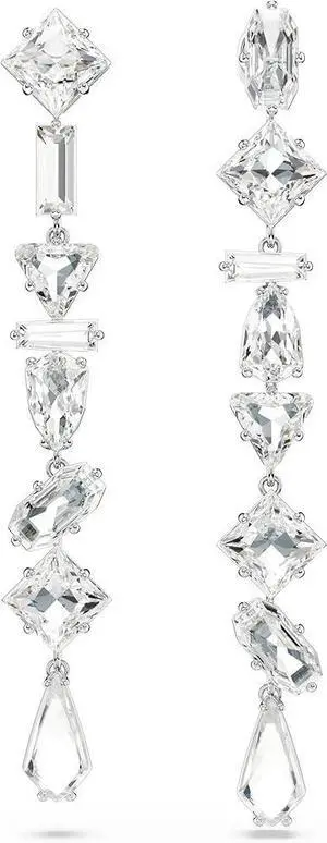 Swarovski Mesmera Drop Earrings Asymmetrical Design Long White Rhodium Plated
