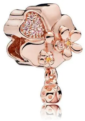 PANDORA Flower and ladybug charm in PANDORA Rose with 8 bead-set rose pink crystals PANDORA Flower and ladybug charm in PANDORA Rose with 8 bead-set rose pink crystals