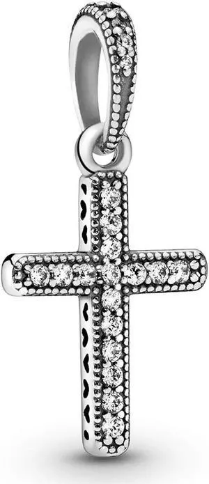 Pandora Cross Pendant In Sterling Silver With 2 Micro Bead-set And 23 Beadset Clear Cubic Zirconia And Cut-out Heart Details - OEM