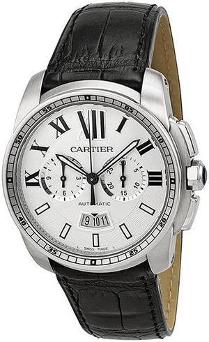 Cartier Calibre de Cartier Silver Dial Black Leather Mens Watch W7100046