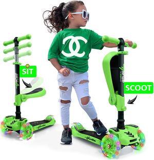 Hurtle ScootKid 3 Wheel Toddler Child Ride On Toy Scooter w/ LED Wheels, Green