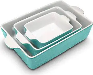 NutriChef Rectangular Ceramic 3 Piece Nonstick Kitchen Bakeware Pan Set, Aqua
