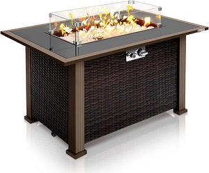 Serenelife Outdoor Rattan Patio Propane Fire Pit Table with Glass Guard, Black