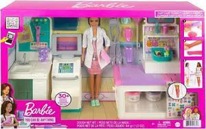 Barbie Fast Cast Clinic Playset with Brunette Barbie Doctor Doll, 4 Play Areas