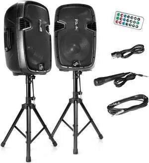 Pyle Active Passive Bluetooth PA Dual Loudspeaker Sound System Kit & Microphones