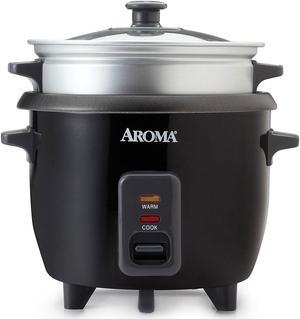 Aroma 6 Cup Cooked White Pot Style Rice Cooker & Food Steamer, Black