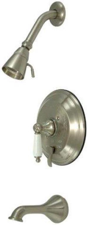 RESTORATION TUB/SHOWER FAUCET W/PORCELAIN LEVER HANDLE-Satin Nickel Finish