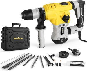 ENVENTOR 1-1/4 Inch SDS-Plus 12A Heavy Duty Rotary Hammer Drill for Concrete Stone, Safety Clutch 4 Functions Electric Demolition Hammer Drill with Vibration Control, Grease, Chisels, Drill Bits, Case