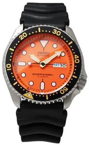 Seiko SKX011J1 Stainless Steel Automatic Diver Orange Dial Black Rubber Strap