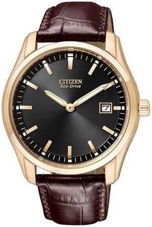 Citizen Eco-Drive Mens Black Date Rose Gold Leather Watch AU1043-00E