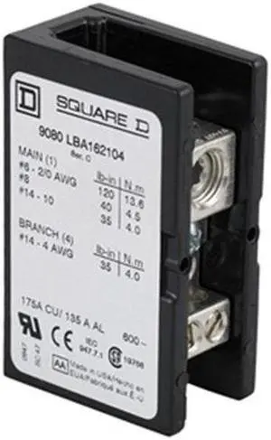 SQUARE D 9080LBA162104 Pwr Dist Block, 175A, 1P, 2/0-6AWG, 600VAC