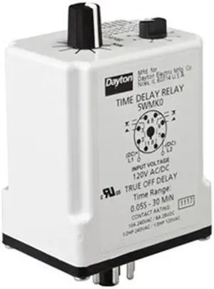 DAYTON 5WMK2 Time Delay Relay,24VAC/DC,10A,DPDT