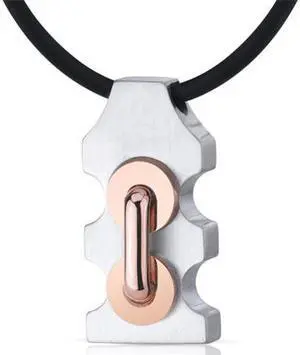Mens Stainless Steel Pendant with Raised Handlebar Motif and Rose Gold Accents on Black Cord