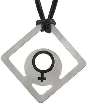Power of Venus: Designer Inspired Surgical Steel Brushed Finish with Rubber Venus Symbol Square Pendant on a Black Cord