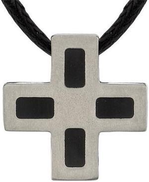 Faithful Fashion: Designer Inspired Titanium Brushed Finish and Black Rubber-inlay Square Cross Pendant on a Black Cord for Men