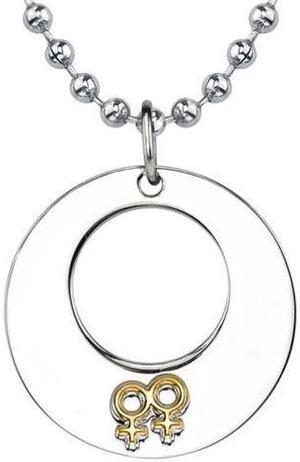 Touch of Elegance: Designer Inspired Surgical Stainless Steel Gunmetal Finish Circle Pendant with Double Female Insignias on a Stainless Steel Ball Chain