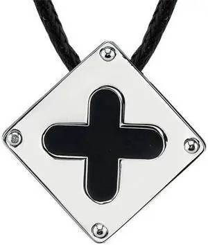 Added Elegance: Designer Inspired Surgical Steel Brushed-finish with Black Enamel Plus Sign Square Pendant on a Black Cord