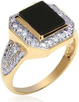 Debonair Style: Gold Vermeil Two-Tone Onyx Ring with CZ Diamond for Men
