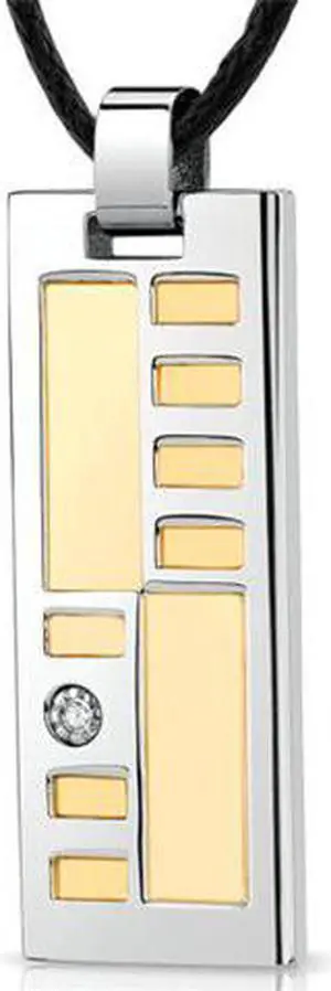 Stainless Steel Two tone Solitaire CZ Fancy Dog Tag Pendant with adjustable Black cord
