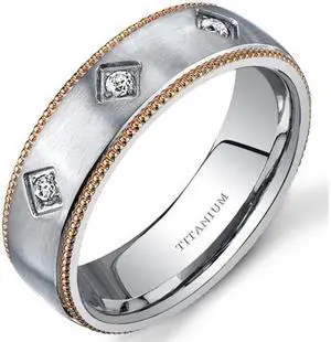 Mill grain Style Titanium 3 Stone Womens Gold Tone 6 mm Wedding Band Available Size 5