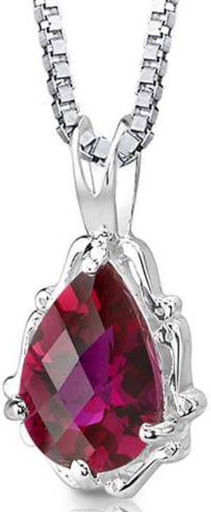 Oravo SP8302 Pear Shape Checkerboard Cut Created Ruby in Sterling Silver Pendant with 18" Necklace