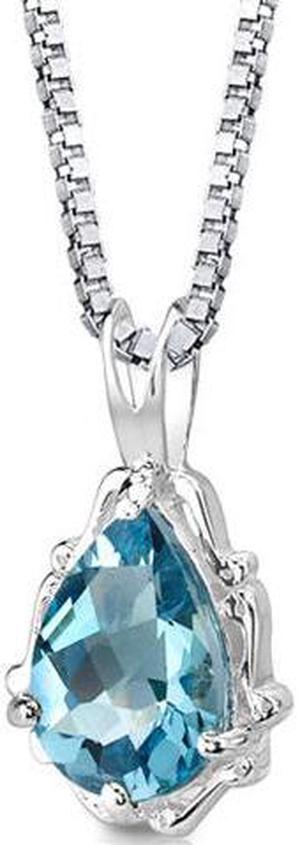 Imperial Beauty: Sterling Silver 2.25 carats Pear Shape Checkerboard Cut Swiss Blue Topaz Pendant with 18 inch Silver Necklace and