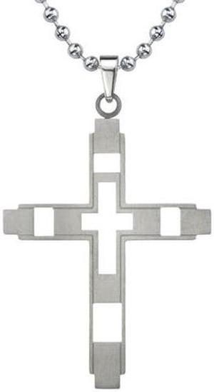Built-in Faith: Designer Inspired Titanium Modern Style Brushed Finish Cross Pendant on a Stainless Steel Ball Chain